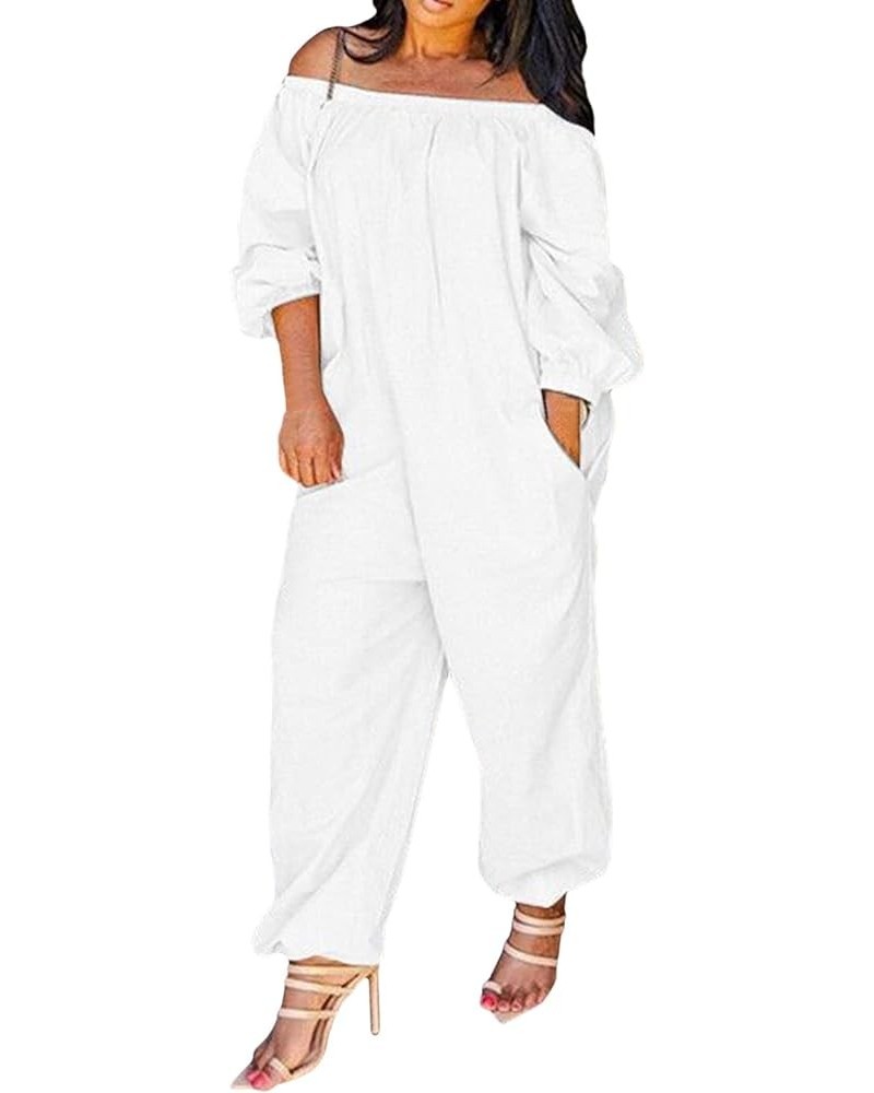 Plus Size Women Casual Solid Jumpsuits Cold Shoulder Sling Long Sleeve Jumpsuit with Pocket Long Leg Oversize Jumpsuits White...