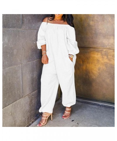 Plus Size Women Casual Solid Jumpsuits Cold Shoulder Sling Long Sleeve Jumpsuit with Pocket Long Leg Oversize Jumpsuits White...