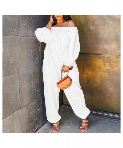 Plus Size Women Casual Solid Jumpsuits Cold Shoulder Sling Long Sleeve Jumpsuit with Pocket Long Leg Oversize Jumpsuits White...