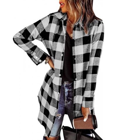 Women's Flannel Plaid Shacket Long Sleeve Button Down Shirts Jacket Coats Black White $19.75 Blouses