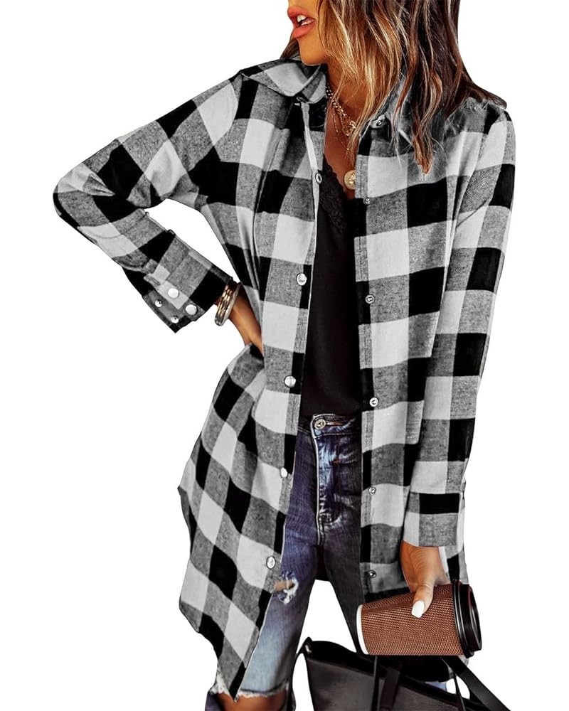 Women's Flannel Plaid Shacket Long Sleeve Button Down Shirts Jacket Coats Black White $19.75 Blouses