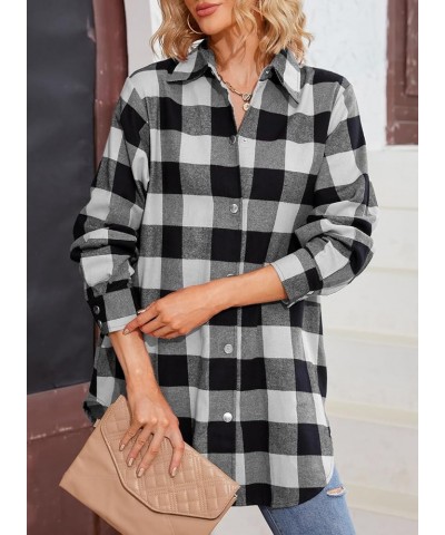 Women's Flannel Plaid Shacket Long Sleeve Button Down Shirts Jacket Coats Black White $19.75 Blouses