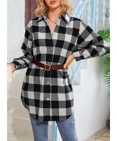 Women's Flannel Plaid Shacket Long Sleeve Button Down Shirts Jacket Coats Black White $19.75 Blouses