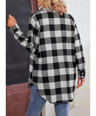 Women's Flannel Plaid Shacket Long Sleeve Button Down Shirts Jacket Coats Black White $19.75 Blouses