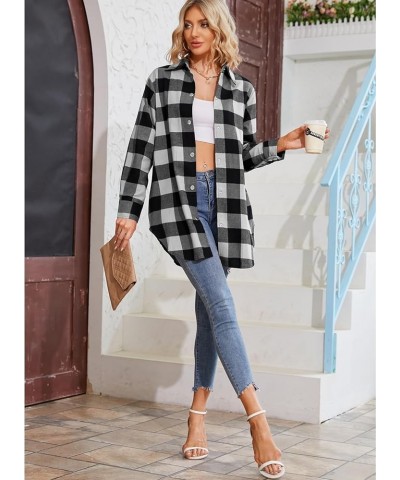 Women's Flannel Plaid Shacket Long Sleeve Button Down Shirts Jacket Coats Black White $19.75 Blouses