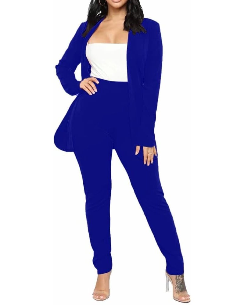 Women's Two Piece Open Front Long Sleeve Blazer and Pant Set Slim Fit Suit Pants Royal Blue $16.77 Suits