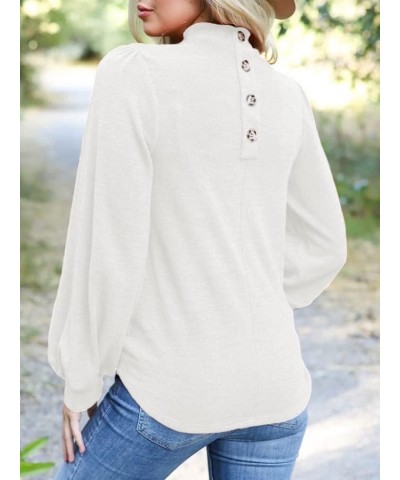 Womens Button Back Tops Balloon Sleeve Loose Casual Workout O Neck Blouses 05 White $11.55 Tops