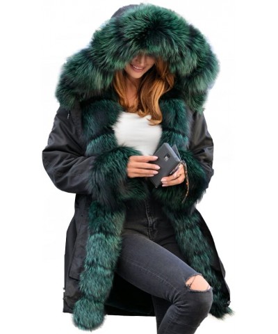 Plus Size Women's Long Hooded Parka Coat Warm Denim Winter Overcoat Faux Fur Collar Qulited Jacket Black_green Fur $45.62 Coats