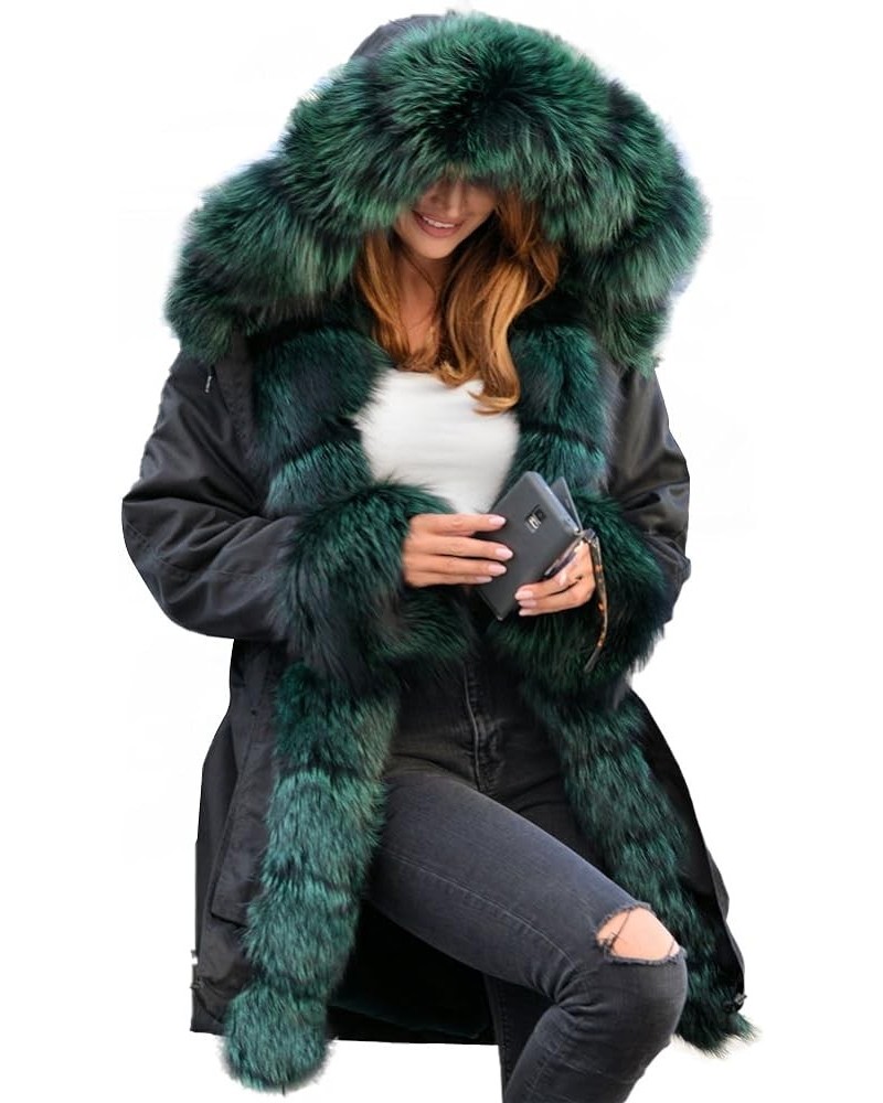 Plus Size Women's Long Hooded Parka Coat Warm Denim Winter Overcoat Faux Fur Collar Qulited Jacket Black_green Fur $45.62 Coats