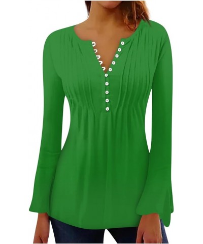 Long Sleeve Shirts for Women,Women's Trendy Solid Henley V-Neck Button Down Tunic Casual Loose Swing Pleated Blouses 1-green ...