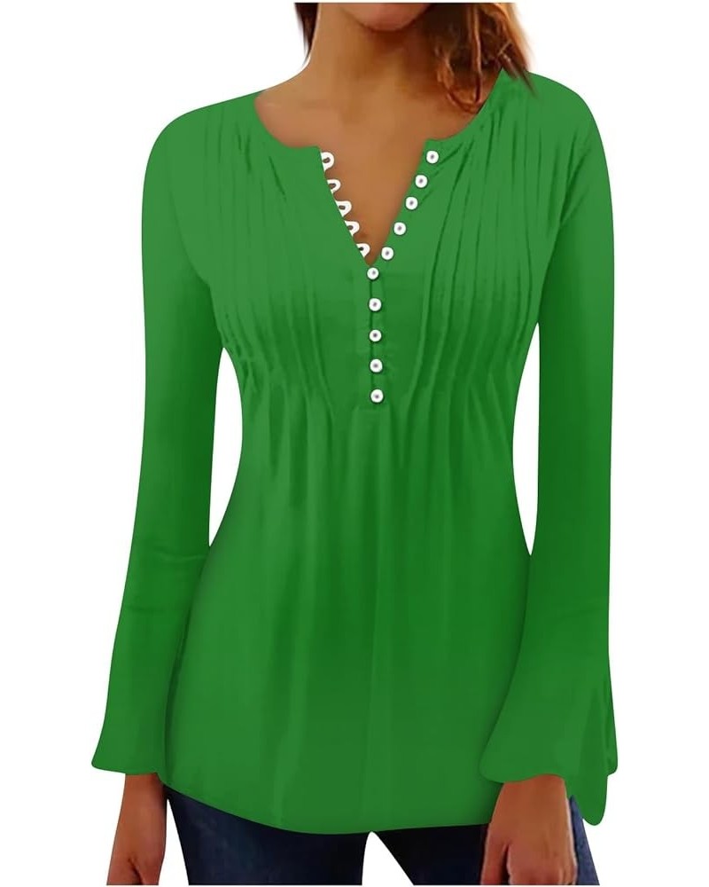 Long Sleeve Shirts for Women,Women's Trendy Solid Henley V-Neck Button Down Tunic Casual Loose Swing Pleated Blouses 1-green ...