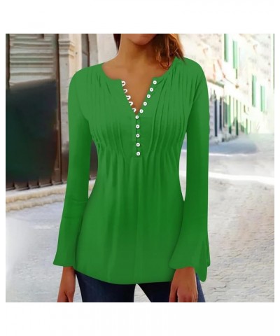 Long Sleeve Shirts for Women,Women's Trendy Solid Henley V-Neck Button Down Tunic Casual Loose Swing Pleated Blouses 1-green ...