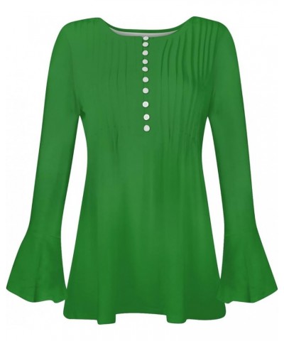 Long Sleeve Shirts for Women,Women's Trendy Solid Henley V-Neck Button Down Tunic Casual Loose Swing Pleated Blouses 1-green ...