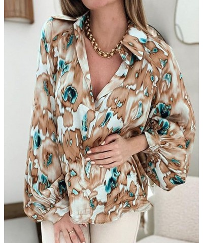 Women's Casual Boho Blouse Tops Abstract Print Lapel V Neck Lantern Long Sleeve Summer Spring Loose Blouses Shirts Print Khak...