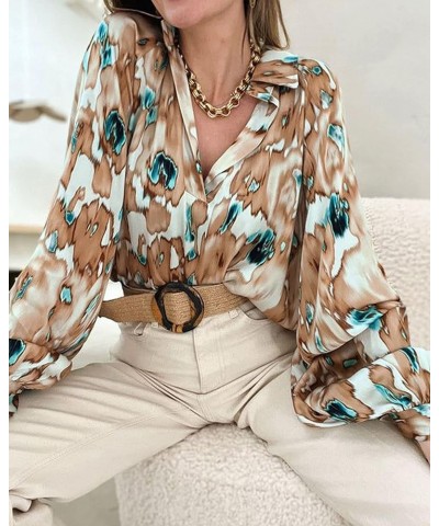 Women's Casual Boho Blouse Tops Abstract Print Lapel V Neck Lantern Long Sleeve Summer Spring Loose Blouses Shirts Print Khak...