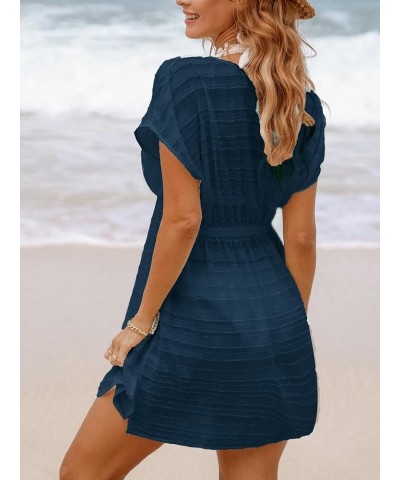 Women's Swim Cover Up Dress V Neck Textured Striped Short Sleeve Cover Ups Casual Beach Summer Dark Blue $17.08 Swimsuits