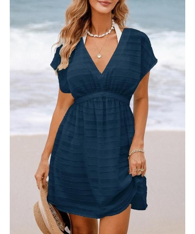 Women's Swim Cover Up Dress V Neck Textured Striped Short Sleeve Cover Ups Casual Beach Summer Dark Blue $17.08 Swimsuits