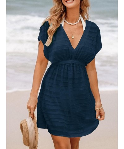 Women's Swim Cover Up Dress V Neck Textured Striped Short Sleeve Cover Ups Casual Beach Summer Dark Blue $17.08 Swimsuits