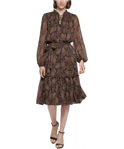 Women's Long Sleeve Tie Neck Midi Dress Black/Coffee $20.21 Dresses