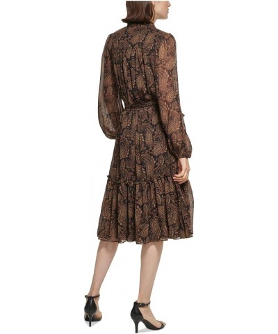 Women's Long Sleeve Tie Neck Midi Dress Black/Coffee $20.21 Dresses