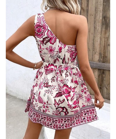 Women's One Shoulder Boho Floral Print Belted Sleeveless Flared Hem A Line Mini Dress Pink $18.86 Dresses