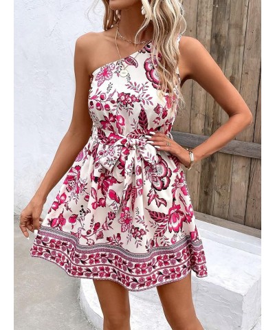 Women's One Shoulder Boho Floral Print Belted Sleeveless Flared Hem A Line Mini Dress Pink $18.86 Dresses