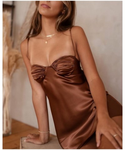 Women Satin Low Cut Mini Dress Sleeveless Backless Spaghetti Strap Short Cami Dress Silky Bodycon Party Clubwear Ruched Brown...