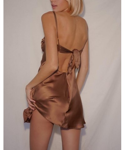 Women Satin Low Cut Mini Dress Sleeveless Backless Spaghetti Strap Short Cami Dress Silky Bodycon Party Clubwear Ruched Brown...