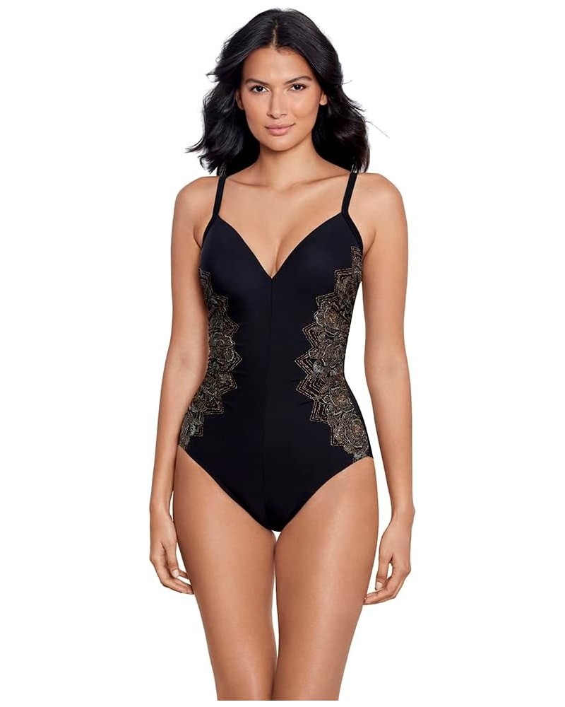 Women's Swimwear Tummy Control Slimming Temptation Underwire Bra One Piece Swimsuit Black/Multi $65.78 Swimsuits