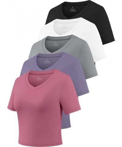 5-Pack Crop Workout T Shirt for Women Short Sleeve Cropped Top Slim Fitted Tees Dry Fit Shirts Black/White/Gray/Purple/Rose P...