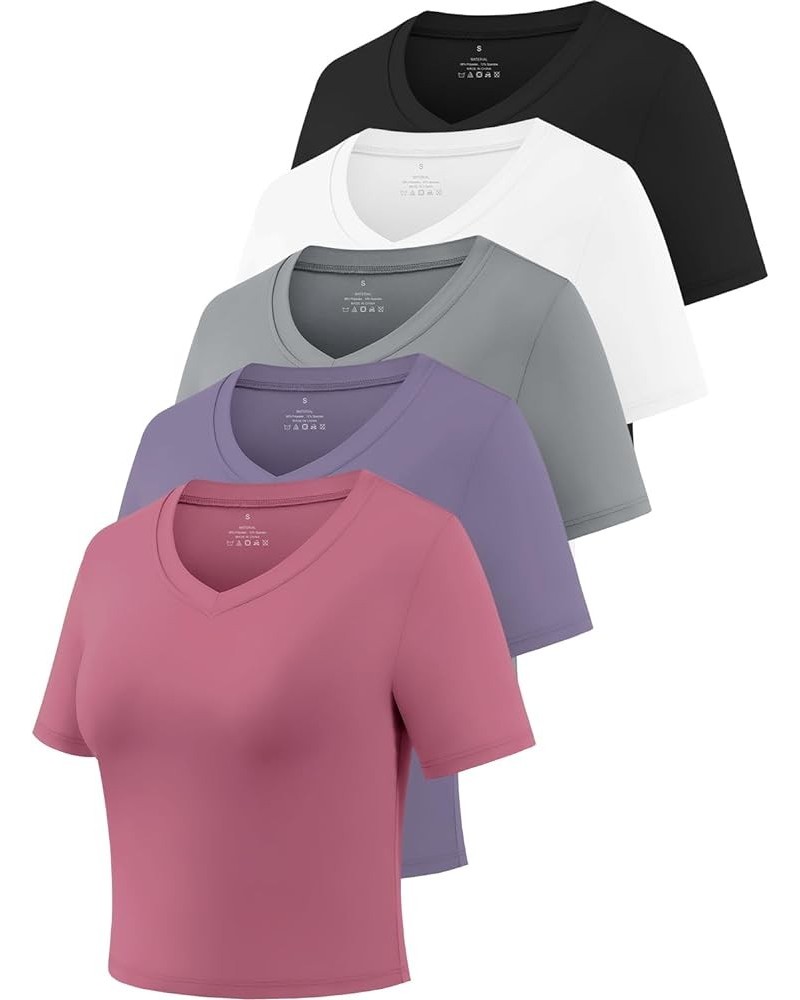 5-Pack Crop Workout T Shirt for Women Short Sleeve Cropped Top Slim Fitted Tees Dry Fit Shirts Black/White/Gray/Purple/Rose P...