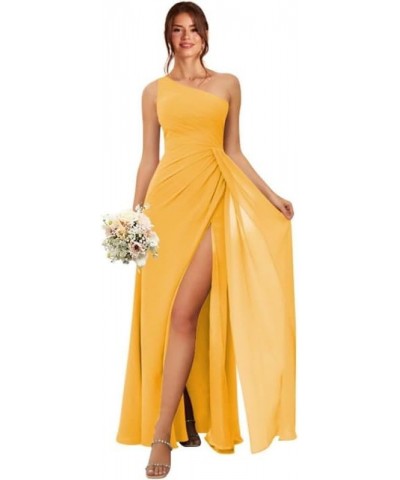 Bridesmaid Dresses for Women Long Chiffon One Shoulder Formal Dresses with Slit Pleated Evening Party Dress Mustard Yellow $3...