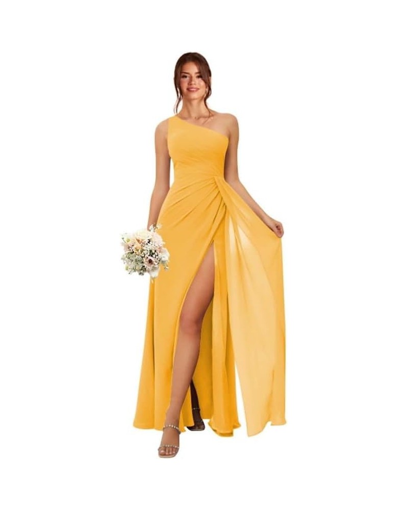 Bridesmaid Dresses for Women Long Chiffon One Shoulder Formal Dresses with Slit Pleated Evening Party Dress Mustard Yellow $3...