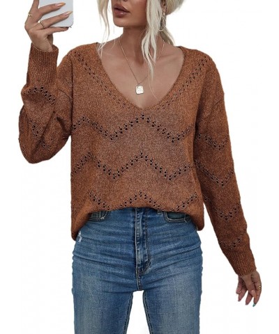 Women's Crochet Sweater Top Hollow Out Long Sleeve Pullover Tops Fall Outfits Fashion 2023 Brown $24.77 Sweaters