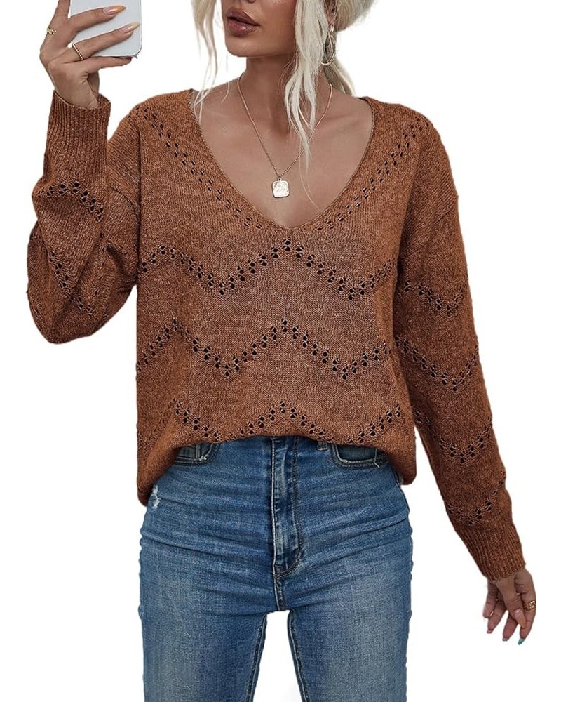 Women's Crochet Sweater Top Hollow Out Long Sleeve Pullover Tops Fall Outfits Fashion 2023 Brown $24.77 Sweaters