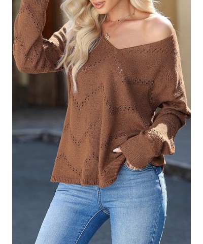 Women's Crochet Sweater Top Hollow Out Long Sleeve Pullover Tops Fall Outfits Fashion 2023 Brown $24.77 Sweaters