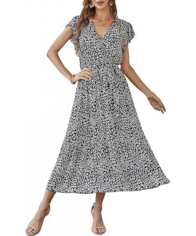 Women's Summer Floral Dress Wrap V Neck Short Sleeve Belted Ruffle Beach A-Line Bohemian Maxi Dresses A-black $25.51 Dresses