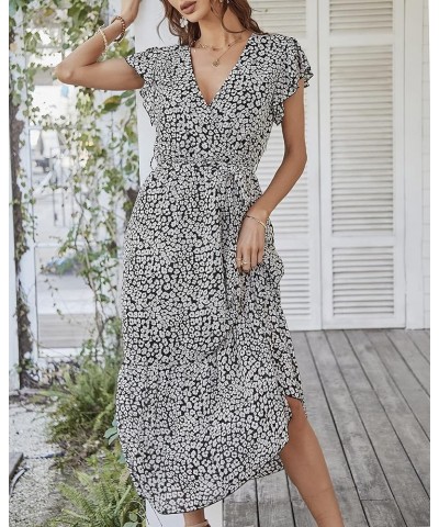 Women's Summer Floral Dress Wrap V Neck Short Sleeve Belted Ruffle Beach A-Line Bohemian Maxi Dresses A-black $25.51 Dresses