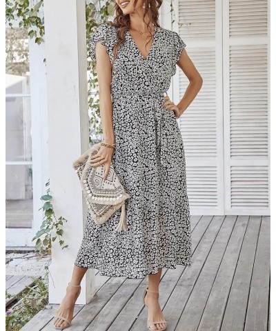 Women's Summer Floral Dress Wrap V Neck Short Sleeve Belted Ruffle Beach A-Line Bohemian Maxi Dresses A-black $25.51 Dresses