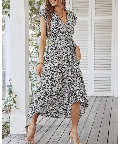 Women's Summer Floral Dress Wrap V Neck Short Sleeve Belted Ruffle Beach A-Line Bohemian Maxi Dresses A-black $25.51 Dresses