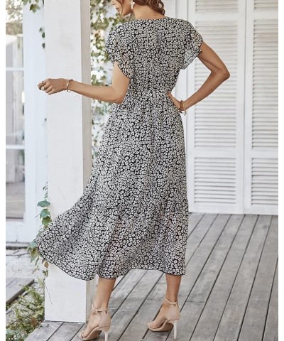 Women's Summer Floral Dress Wrap V Neck Short Sleeve Belted Ruffle Beach A-Line Bohemian Maxi Dresses A-black $25.51 Dresses