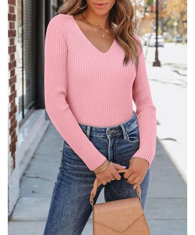 Women's Casual Crewneck T Shirts Ribbed Knit Sweater Slim Fit Solid Basic Ladies Pullovers Fall Long Sleeve Tops C-pink $14.9...