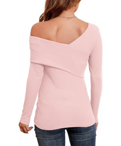 Womens Casual Long Sleeve Tops Cross V Neck Off Shoulder Tops Ribbed Knit Shirts Blouse 10 Light Pink $19.32 Blouses