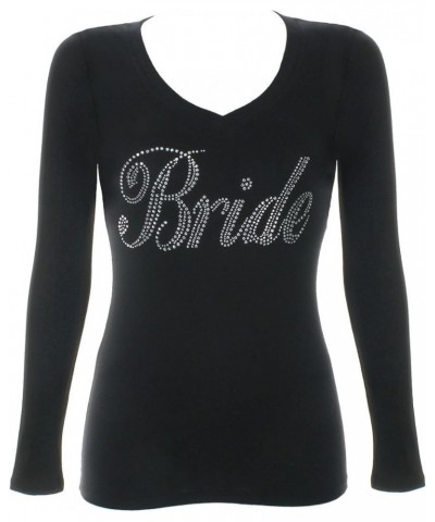 Bridal Rhinestone Bling V-Neck T-Shirt - Bride Bridesmaid Entourage Tee Long Sleeve - Black $12.32 T-Shirts