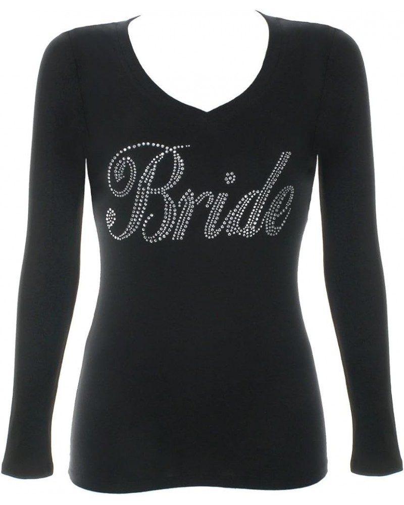 Bridal Rhinestone Bling V-Neck T-Shirt - Bride Bridesmaid Entourage Tee Long Sleeve - Black $12.32 T-Shirts