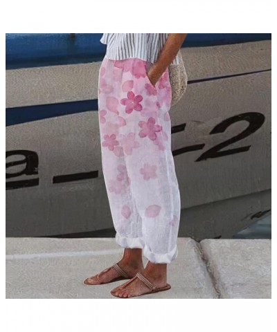 Summer Pants Women Linen Womens Beach Casual Loose Capri Elastic Waist Summer Trousers Cropped Wide Leg Pants Z4-pink $9.03 A...