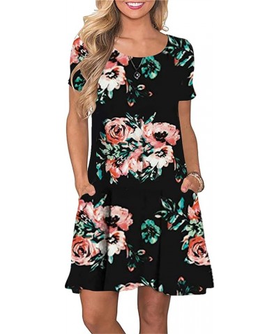 Women Summer A-line Sundress Floral Print Elegant Dress Vintage Business Dress with Pockets Black Red Flower $10.50 Dresses