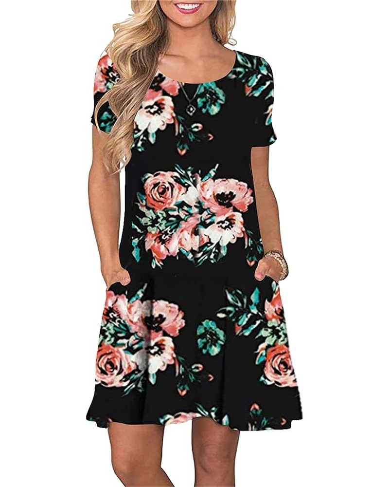 Women Summer A-line Sundress Floral Print Elegant Dress Vintage Business Dress with Pockets Black Red Flower $10.50 Dresses