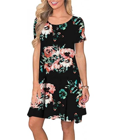 Women Summer A-line Sundress Floral Print Elegant Dress Vintage Business Dress with Pockets Black Red Flower $10.50 Dresses