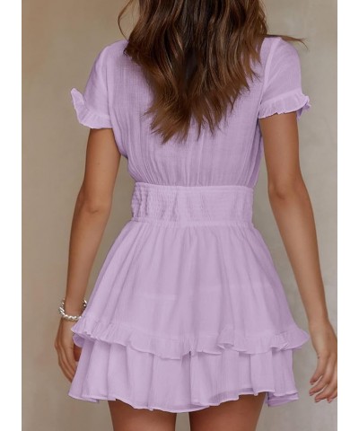 Women Summer Dress 2023 Short Sleeve Front Knot V Neck Elastic Wasit Ruffle Swing Mini Dresses B Purple $26.00 Swimsuits